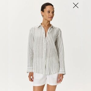 NWT Quince 100% European Linen Long Sleeve Shirt Oatmeal Black Stripe Large L